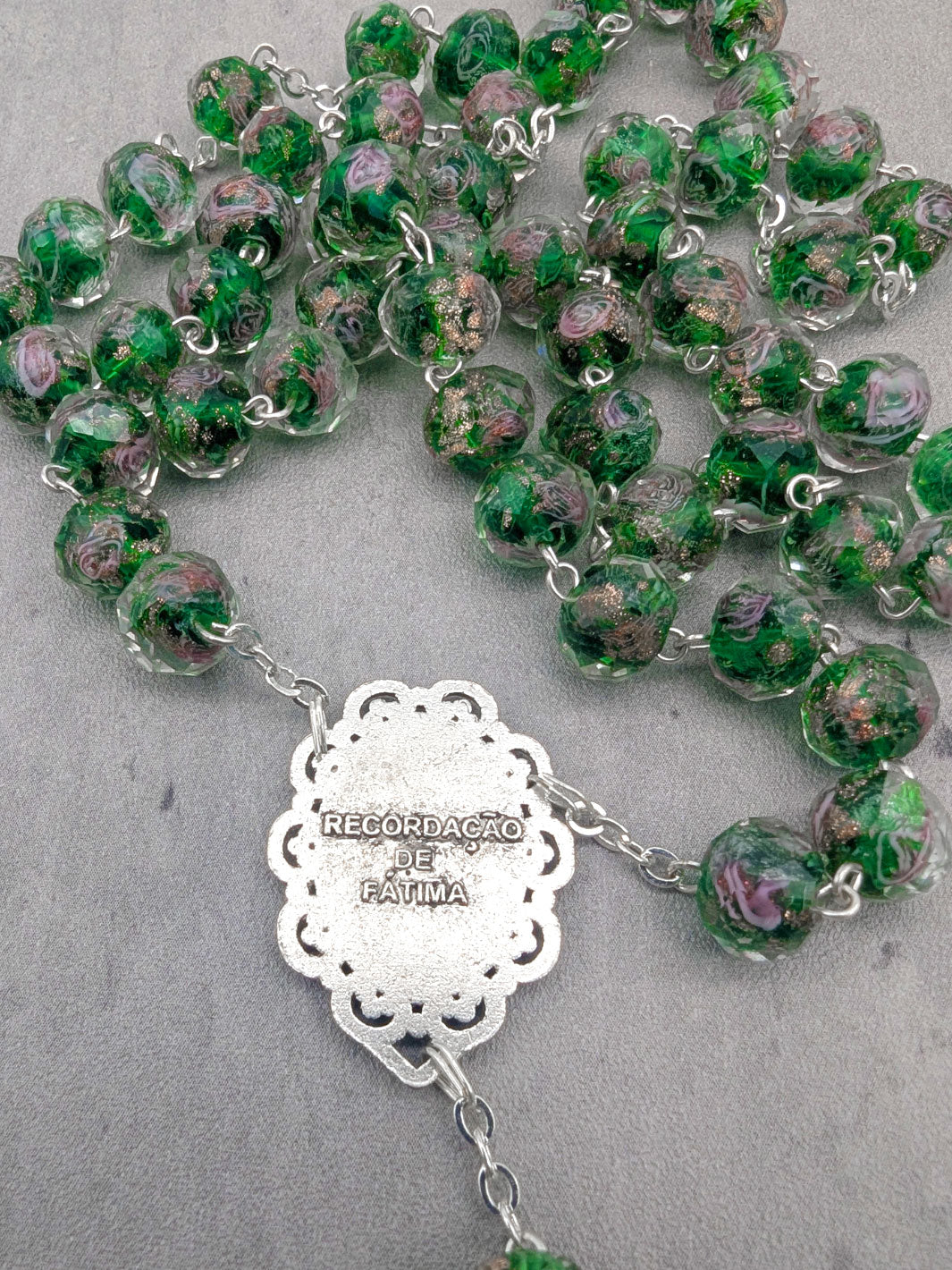 Handmade Our Lady of Fatima Rosary with Murano Glass Beads - Green