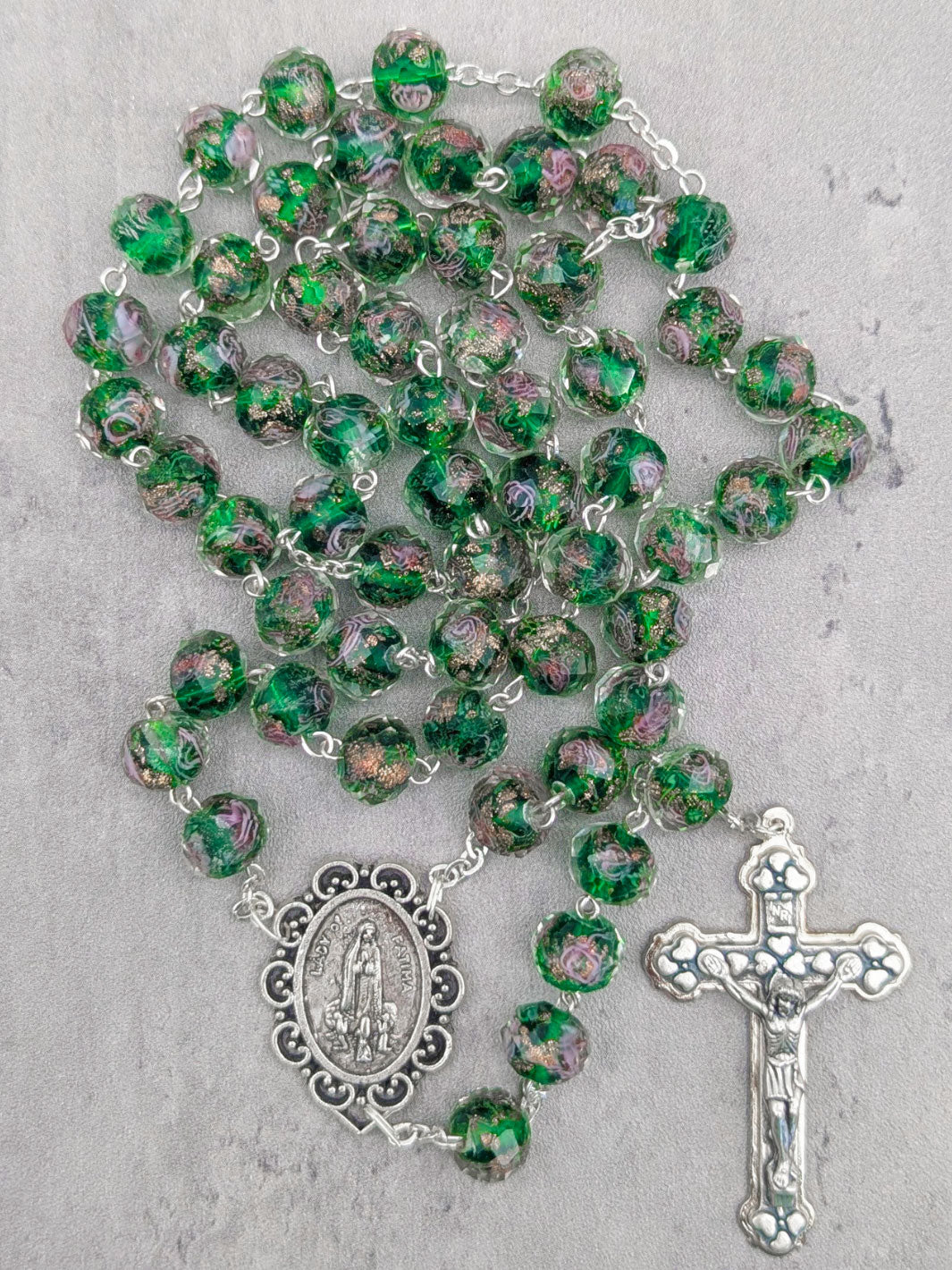 Handmade Our Lady of Fatima Rosary with Murano Glass Beads - Green