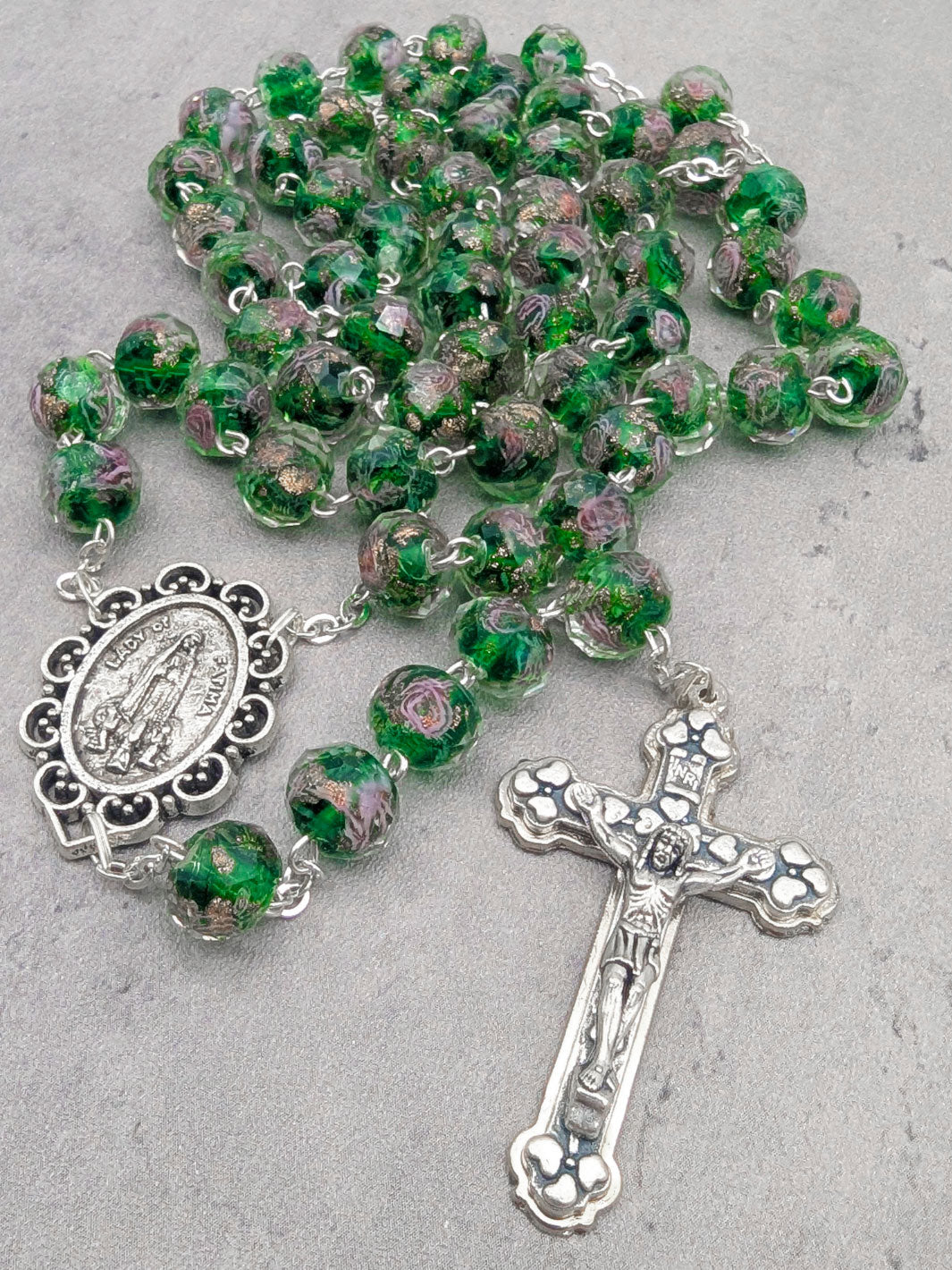 Handmade Our Lady of Fatima Rosary with Murano Glass Beads - Green