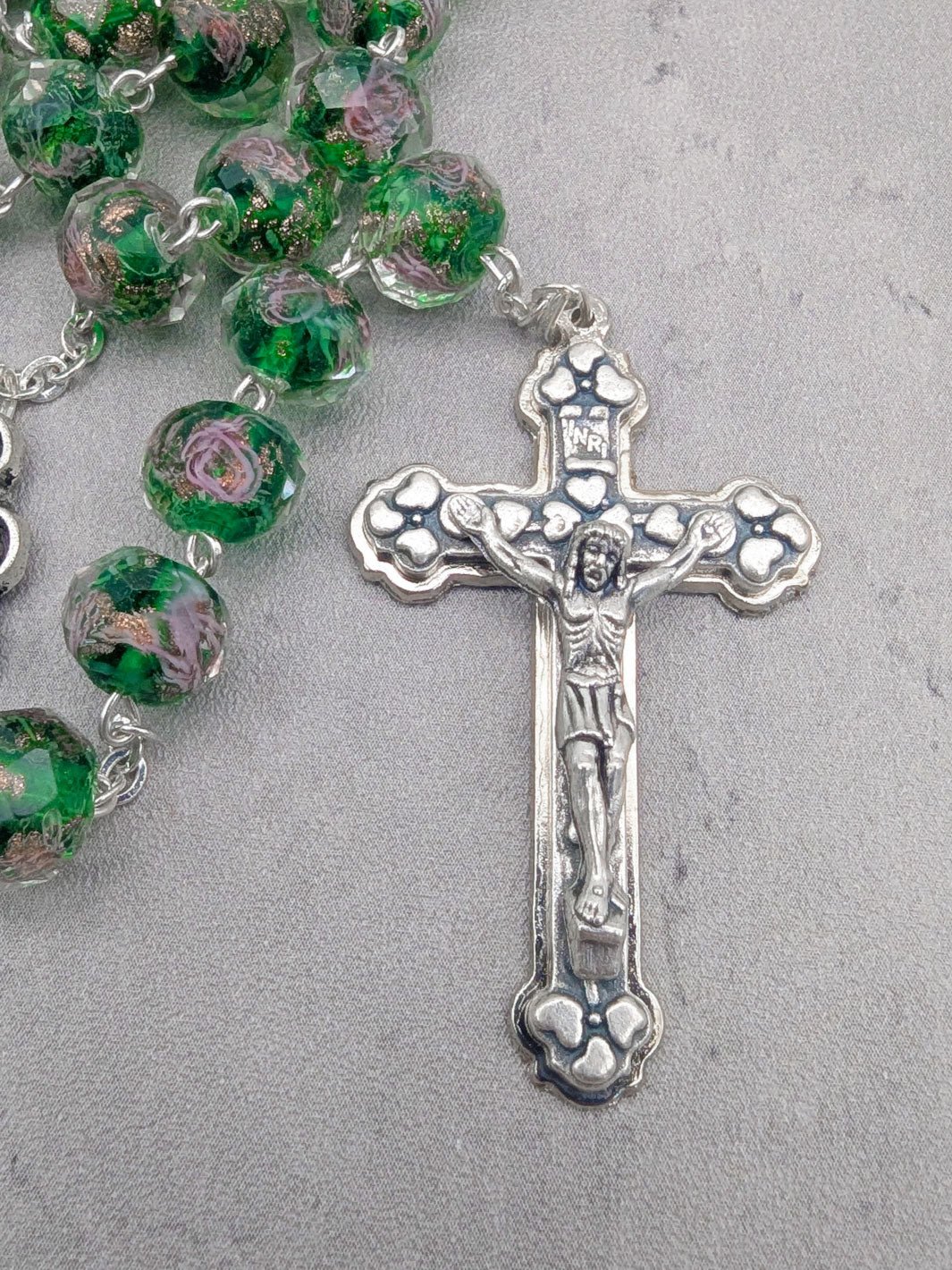 Handmade Our Lady of Fatima Rosary with Murano Glass Beads - Green