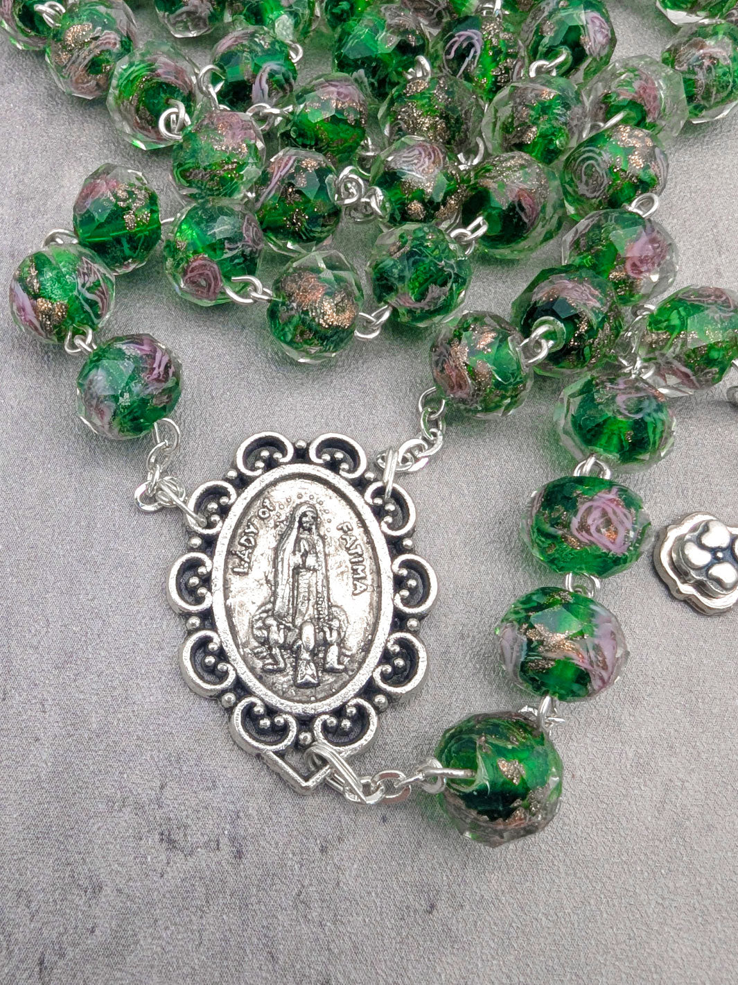 Handmade Our Lady of Fatima Rosary with Murano Glass Beads - Green