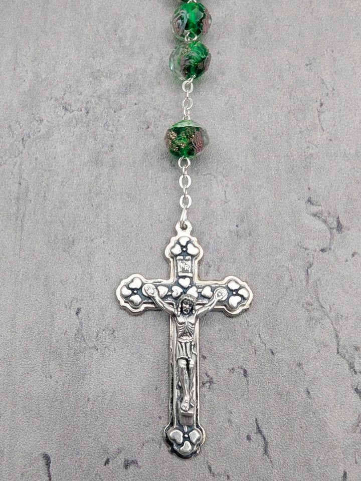 Handmade Our Lady of Fatima Rosary with Murano Glass Beads - Green