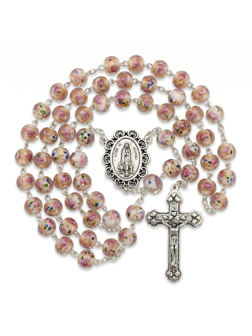 Rosary with pink floral beads on a white background