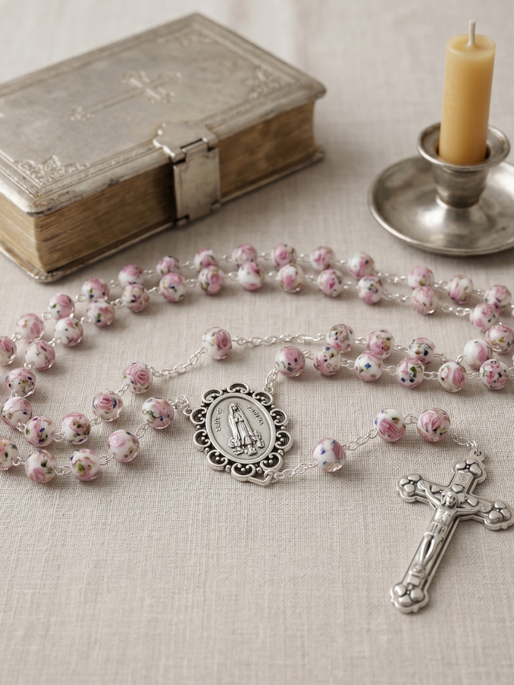 Pink rosary with silver centerpiece and cross on a textured surface with an open book and candle in the background.