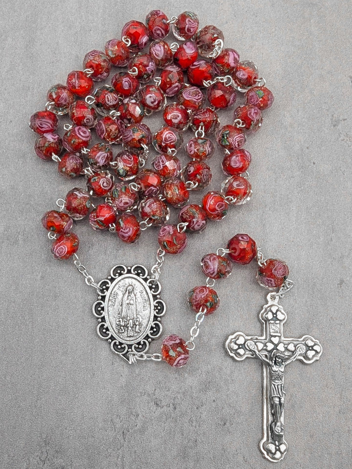 Handmade Our Lady of Fatima Rosary with Murano Glass Beads - Red