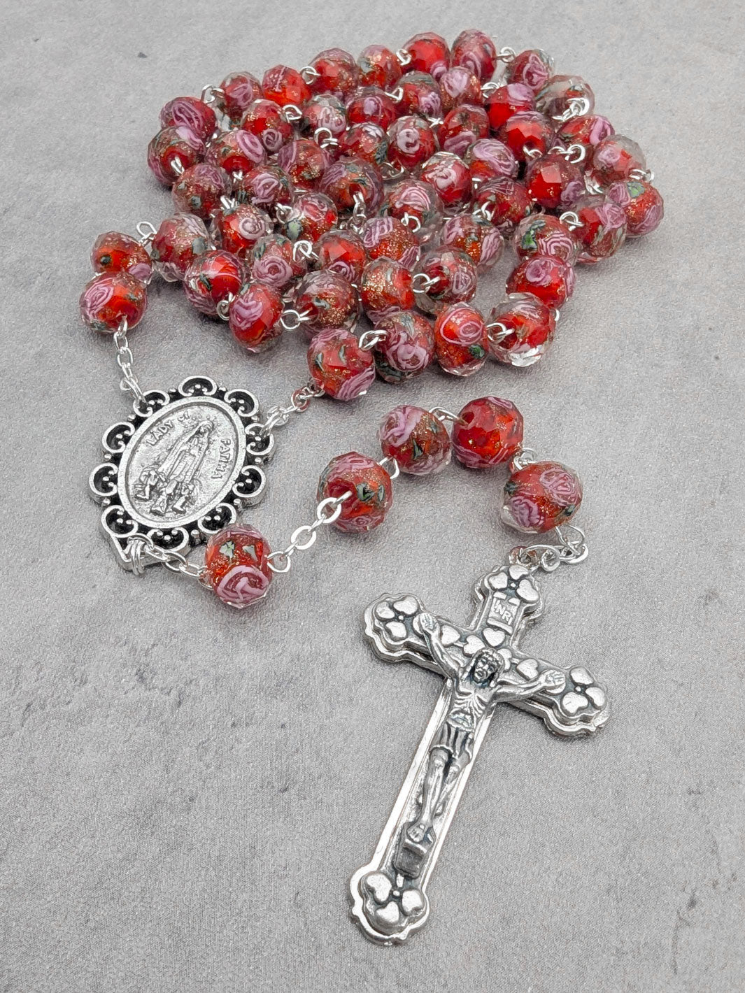 Handmade Our Lady of Fatima Rosary with Murano Glass Beads - Red