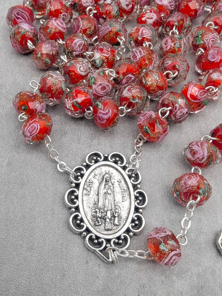 Handmade Our Lady of Fatima Rosary with Murano Glass Beads - Red