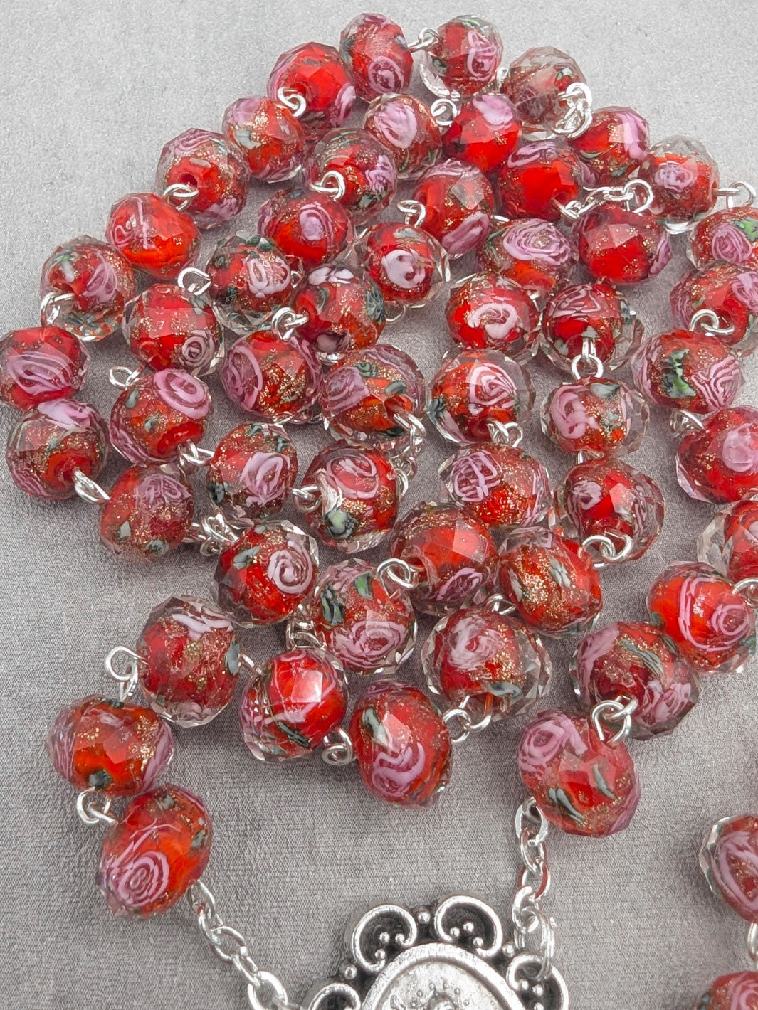 Handmade Our Lady of Fatima Rosary with Murano Glass Beads - Red