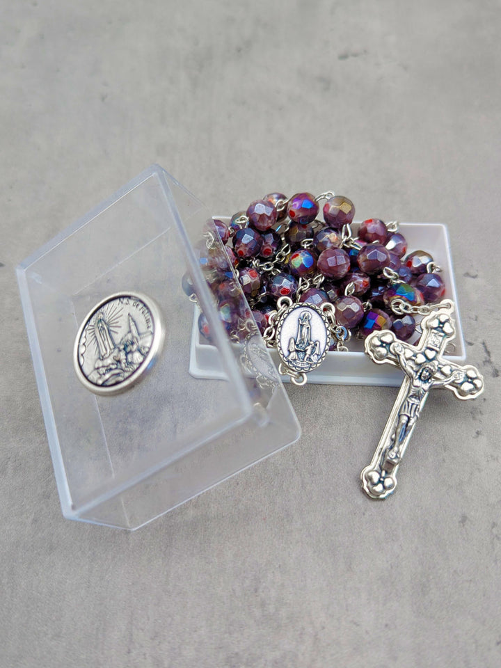 Handmade Our Lady of Fatima Rosary with Purple Murano Crystal Beads