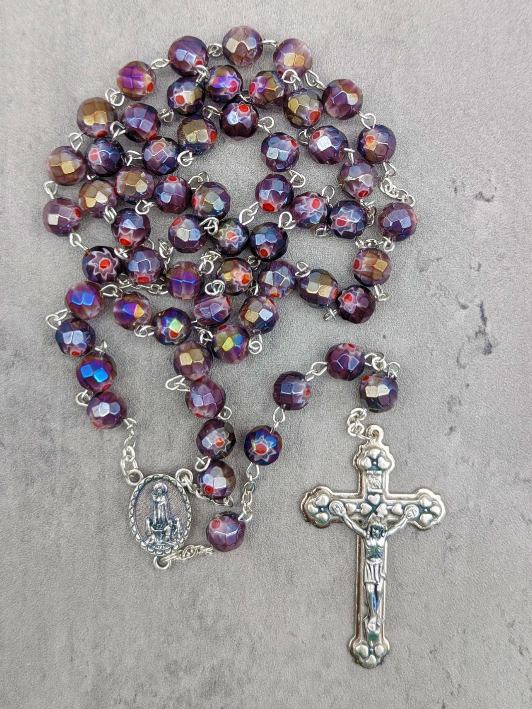 Handmade Our Lady of Fatima Rosary with Purple Murano Crystal Beads