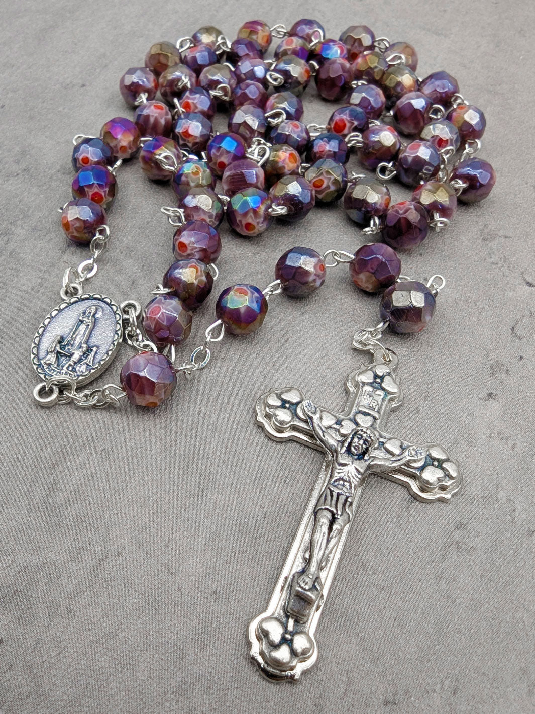 Handmade Our Lady of Fatima Rosary with Purple Murano Crystal Beads