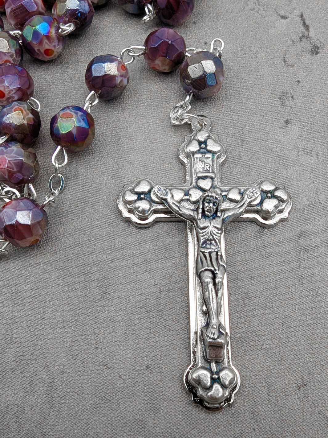 Handmade Our Lady of Fatima Rosary with Purple Murano Crystal Beads