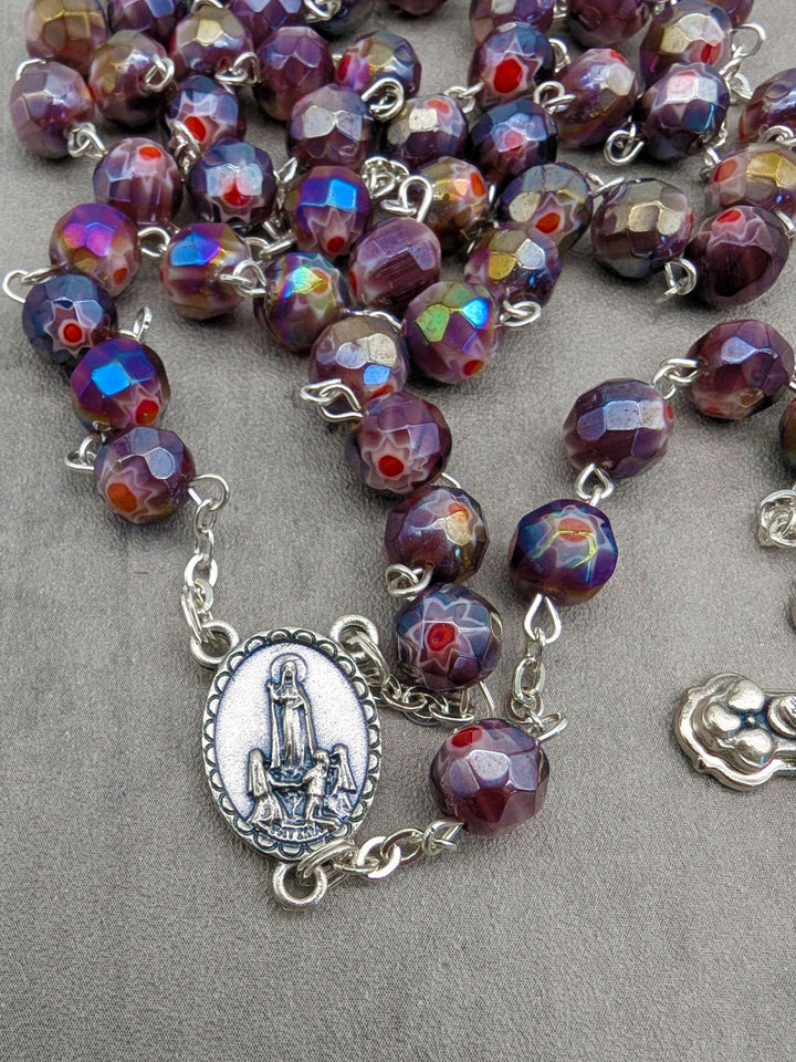 Handmade Our Lady of Fatima Rosary with Purple Murano Crystal Beads