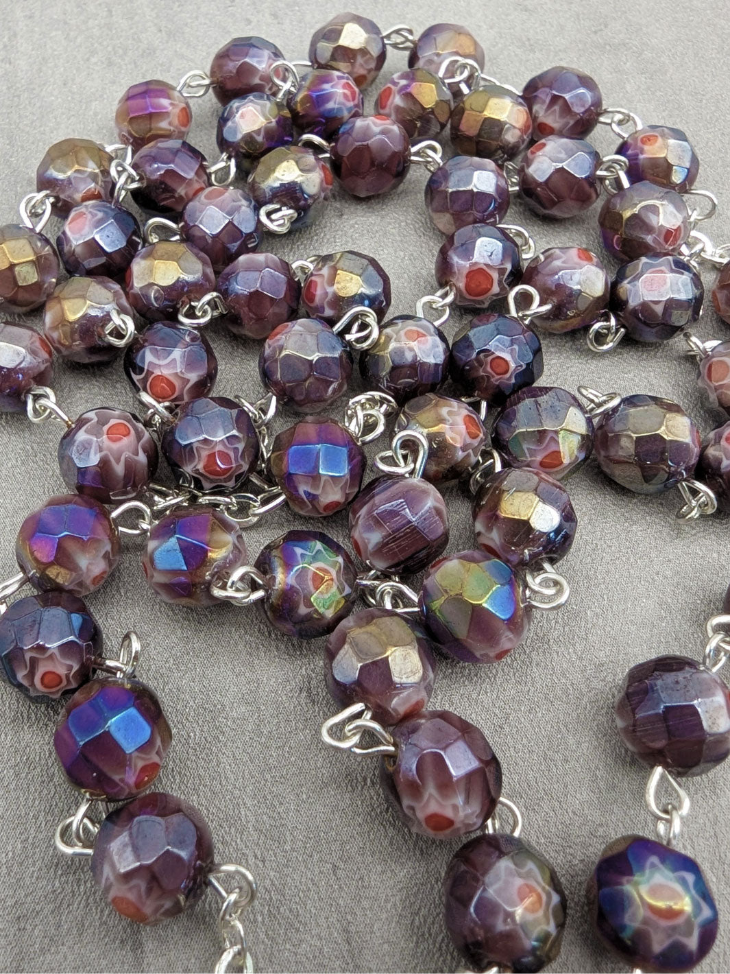 Handmade Our Lady of Fatima Rosary with Purple Murano Crystal Beads