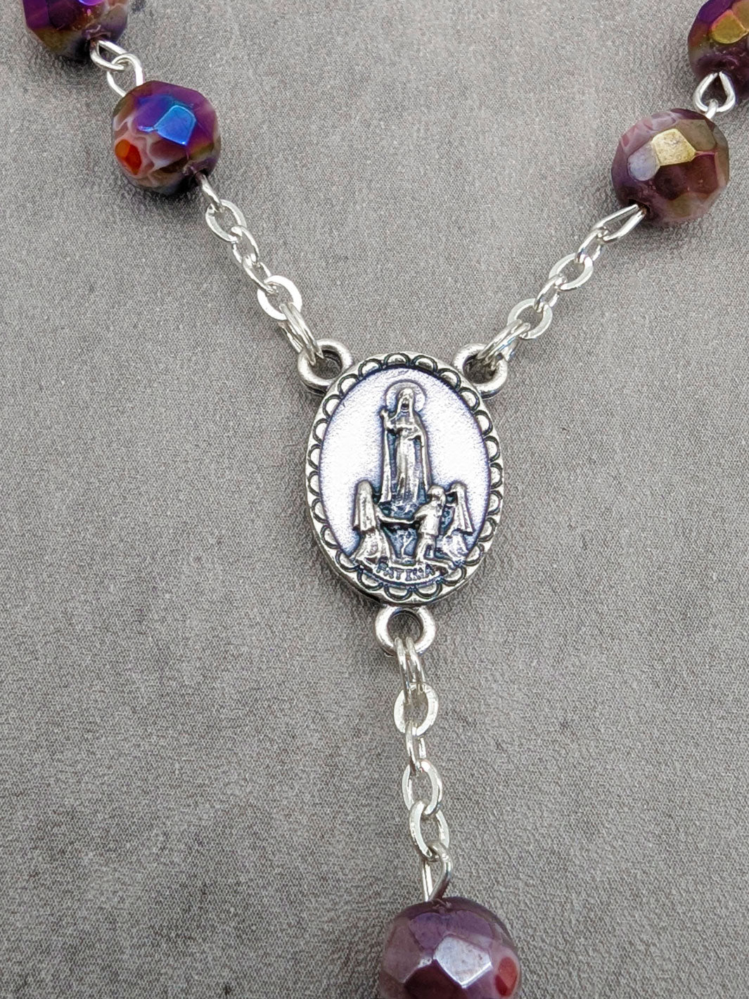 Handmade Our Lady of Fatima Rosary with Purple Murano Crystal Beads