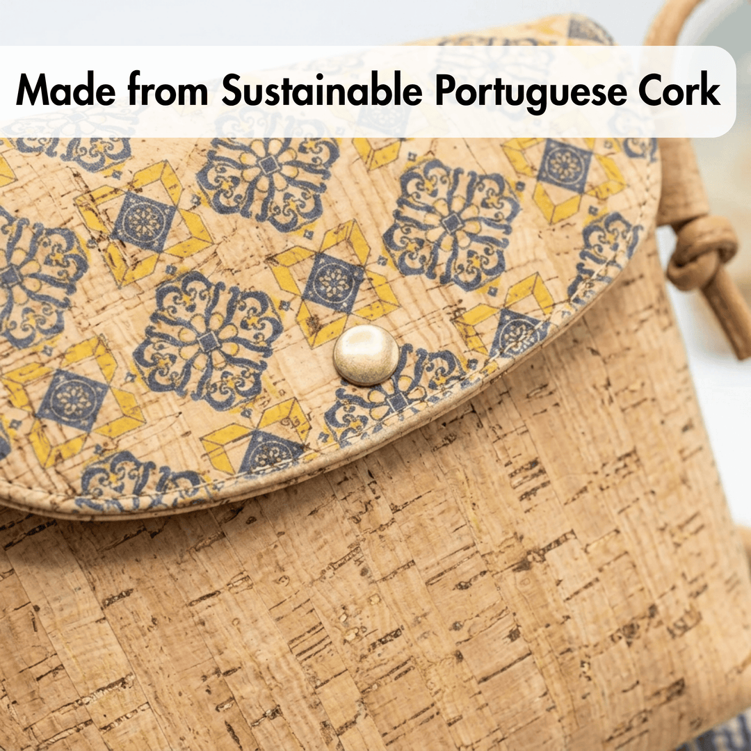Cork handbag with decorative flap and text 'Made from Sustainable Portuguese Cork'.