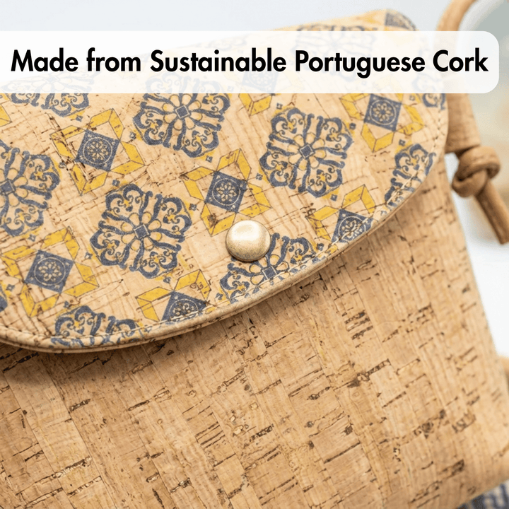 Cork handbag with decorative flap and text 'Made from Sustainable Portuguese Cork'.