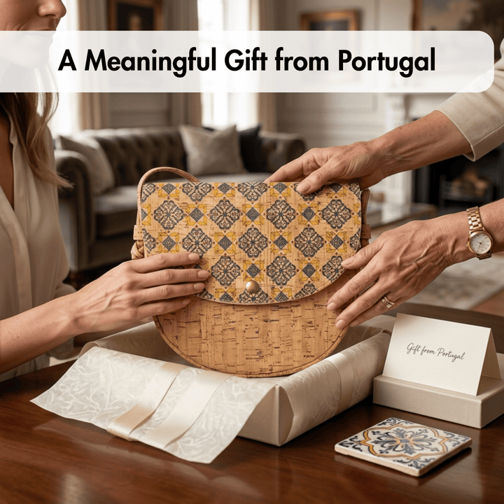 Two people holding a patterned cork handbag with a card labeled 'Gift from Portugal' on a wooden table.