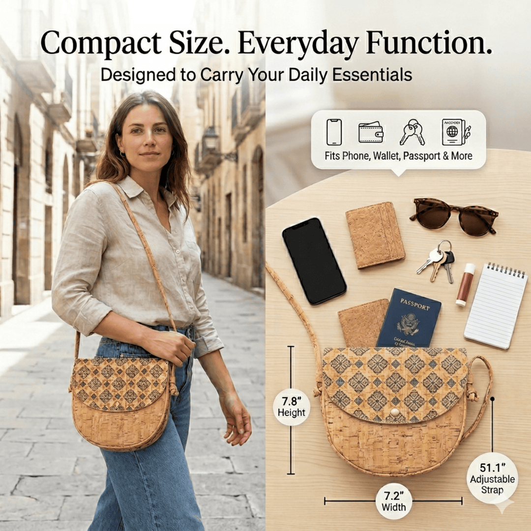 Woman carrying a patterned cork crossbody bag with product features displayed on a wooden surface.