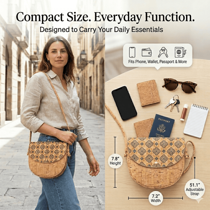 Woman carrying a patterned cork crossbody bag with product features displayed on a wooden surface.