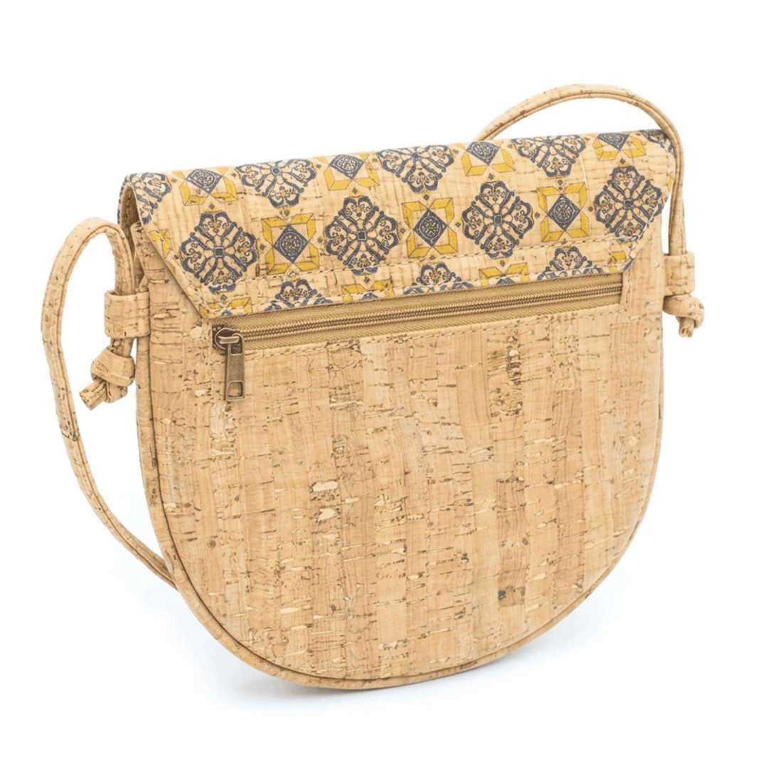 Cork handbag with patterned flap on a white background