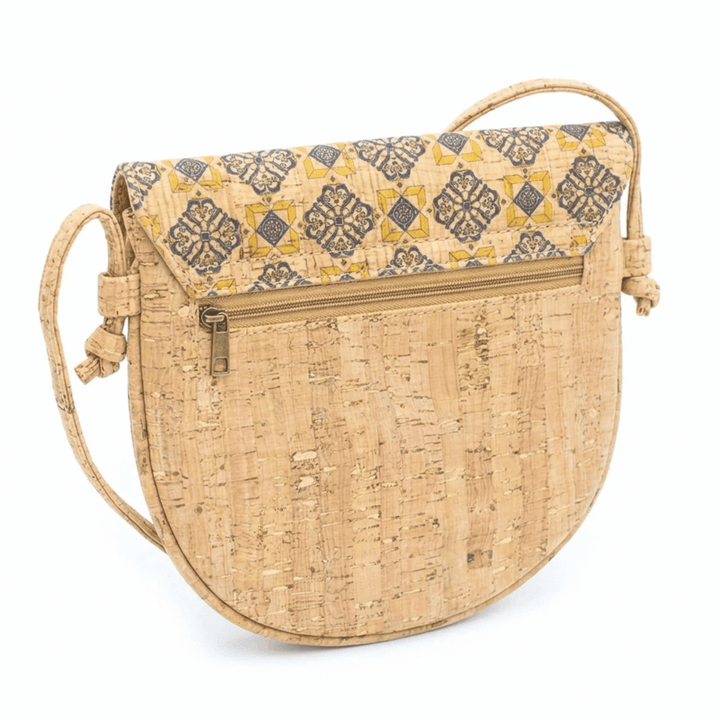 Cork handbag with patterned flap on a white background