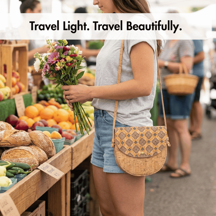 Woman holding flowers and a patterned bag at an outdoor market with text 'Travel Light. Travel Beautifully.'