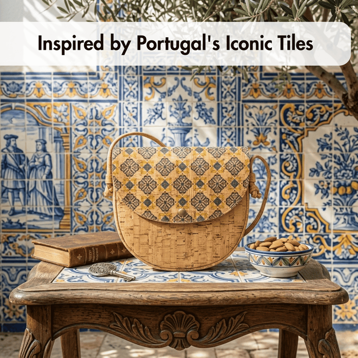 Cork bag with geometric pattern on a wooden table against a background of colorful Portuguese tiles.