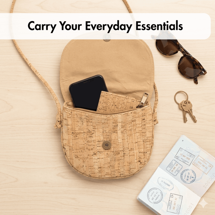 Cork handbag with phone, keys, and sunglasses on a wooden surface with text 'Carry Your Everyday Essentials'.
