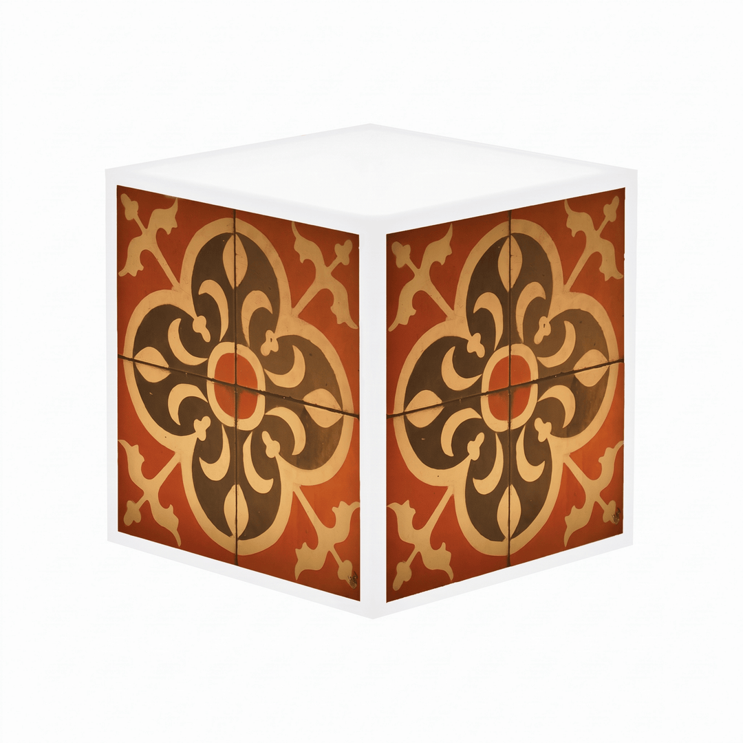 A cube-shaped decorative box with a white frame and sides, featuring a vintage-style floral tile pattern in terracotta red, dark brown, and beige on the top and front panels, shown on a plain white background.