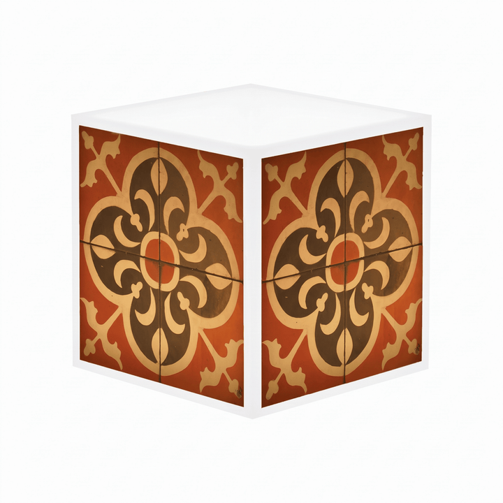 A cube-shaped decorative box with a white frame and sides, featuring a vintage-style floral tile pattern in terracotta red, dark brown, and beige on the top and front panels, shown on a plain white background.