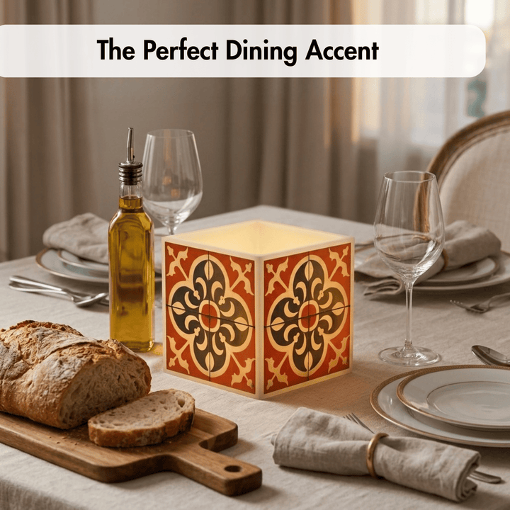 A decorative square table lamp with a warm glowing cream interior and a terracotta orange, black, and gold tile-style geometric pattern on the exterior, styled on a dining table with bread, olive oil, plates, and wine glasses. Text overlay at the top reads &