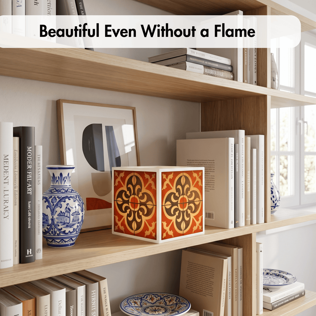 A decorative cube-shaped box with a red, orange, and black geometric tile pattern sits on a wooden bookshelf next to a blue-and-white ceramic vase and framed art. The text overlay at the top reads &