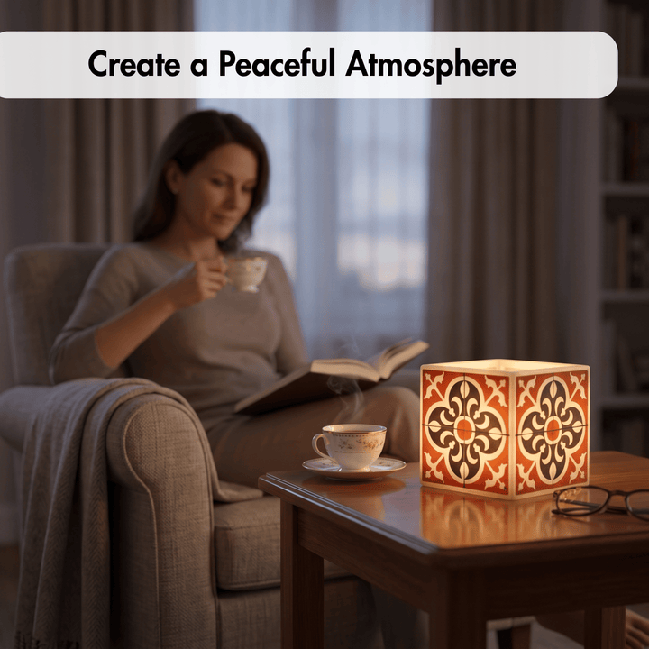 A warm, glowing decorative lamp with a geometric floral pattern sits on a wooden table next to a cup of tea in a cozy living room. In the background, a woman is comfortably seated in an armchair reading a book, with a text banner at the top that reads &