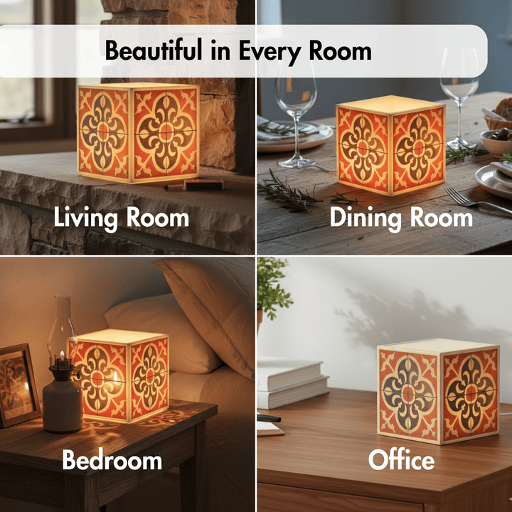 A four-panel collage showing a decorative square lamp in different room settings. The lamp has a warm orange and beige patterned design with a glowing light inside.