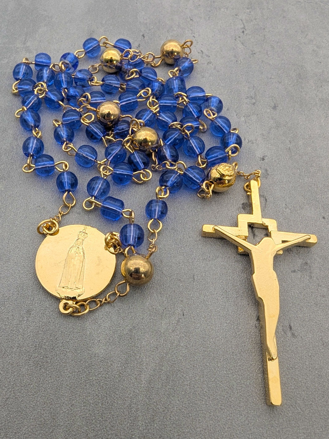 Handmade Shrine of Fatima Official Rosary with Blue Glass Beads