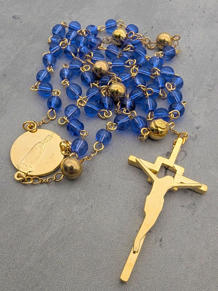 Handmade Shrine of Fatima Official Rosary with Blue Glass Beads