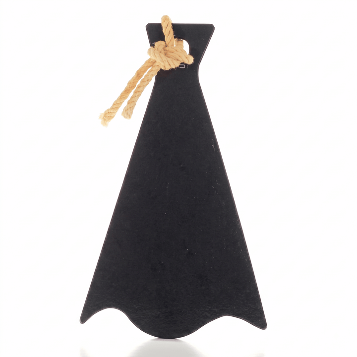 A black felt hair removal tool with a wavy edge and a loop at the top, tied with a beige rope, shown on a white background.