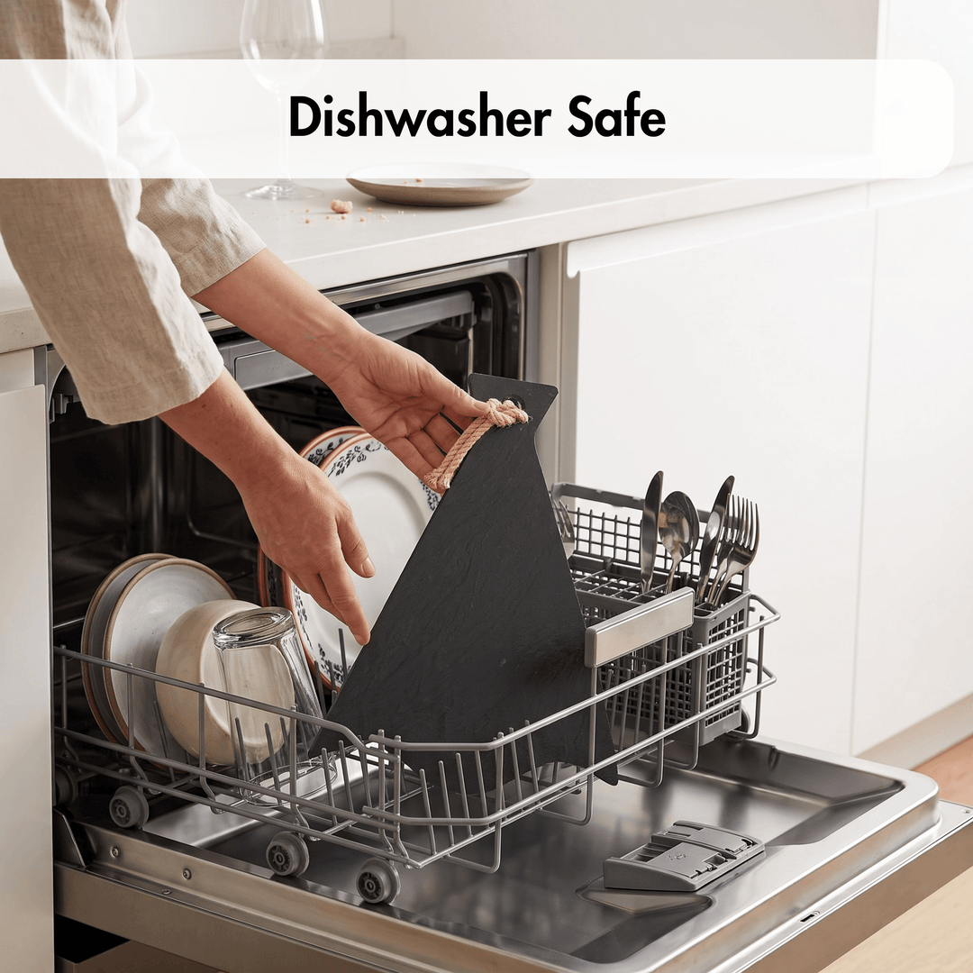 A person places a black cutting board into the open dishwasher rack, with plates, utensils, and a glass visible inside. White cabinets and a countertop are in the background, and a text banner at the top reads &