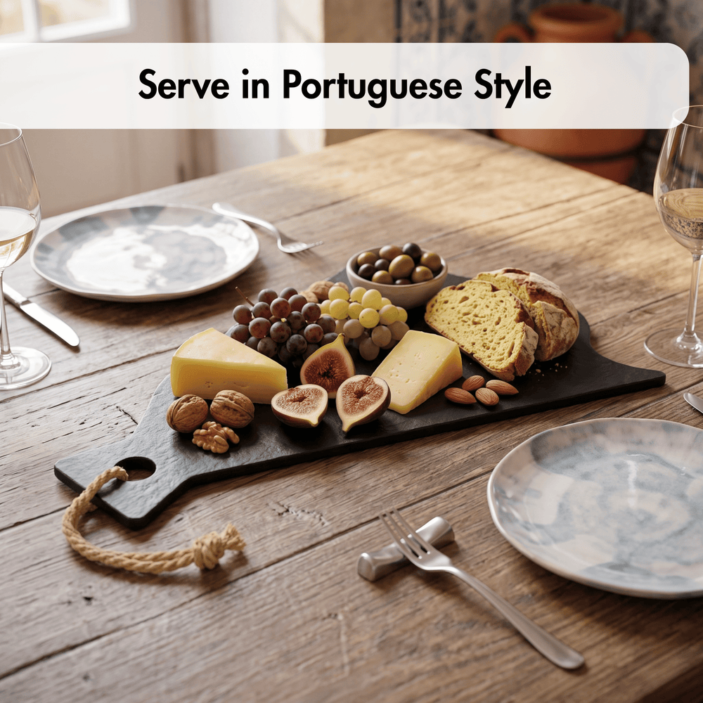 A styled charcuterie board on a rustic wooden table, featuring cheese wedges, sliced bread, grapes, figs, walnuts, almonds, and olives, with wine glasses and plates around it. A white banner at the top reads 'Serve in Portuguese Style'.