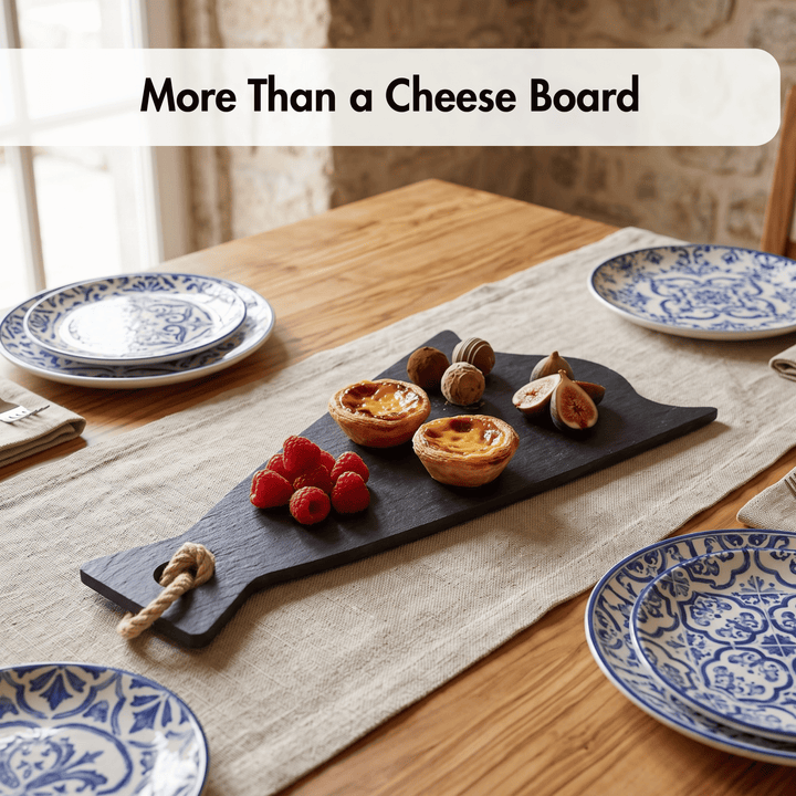 A dark charcoal slate cheese board with a rope handle, styled on a beige linen runner over a wooden dining table. The board is loaded with food, including two mini custard tarts, raspberries, figs, and nuts.