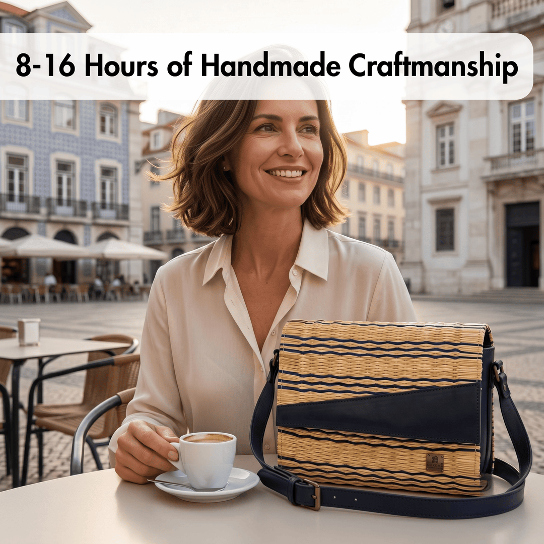 A woman sitting at an outdoor cafe table with a cup of coffee next to a woven shoulder bag with navy blue stripes. A text overlay at the top reads &