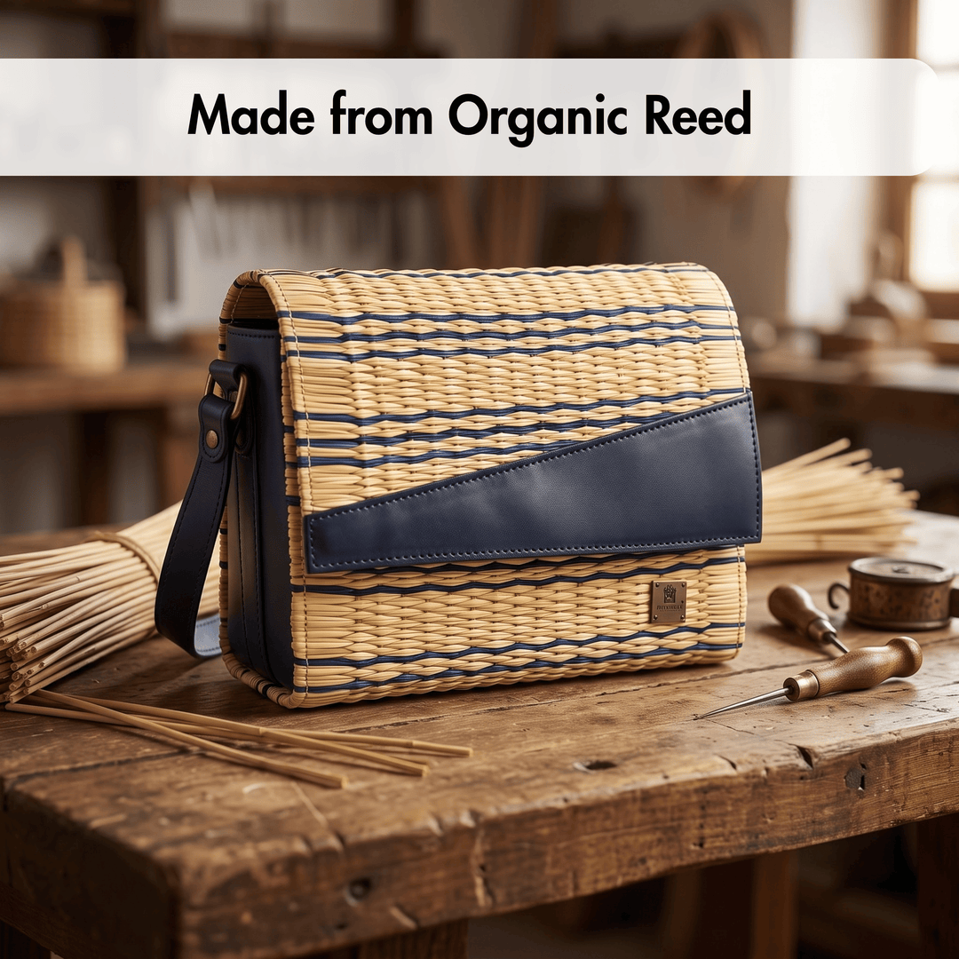 A woven rectangular shoulder bag made from natural organic reed with a dark navy blue leather accent panel and strap, displayed on a rustic wooden workbench with crafting tools and reed bundles in the background. A text banner at the top reads &