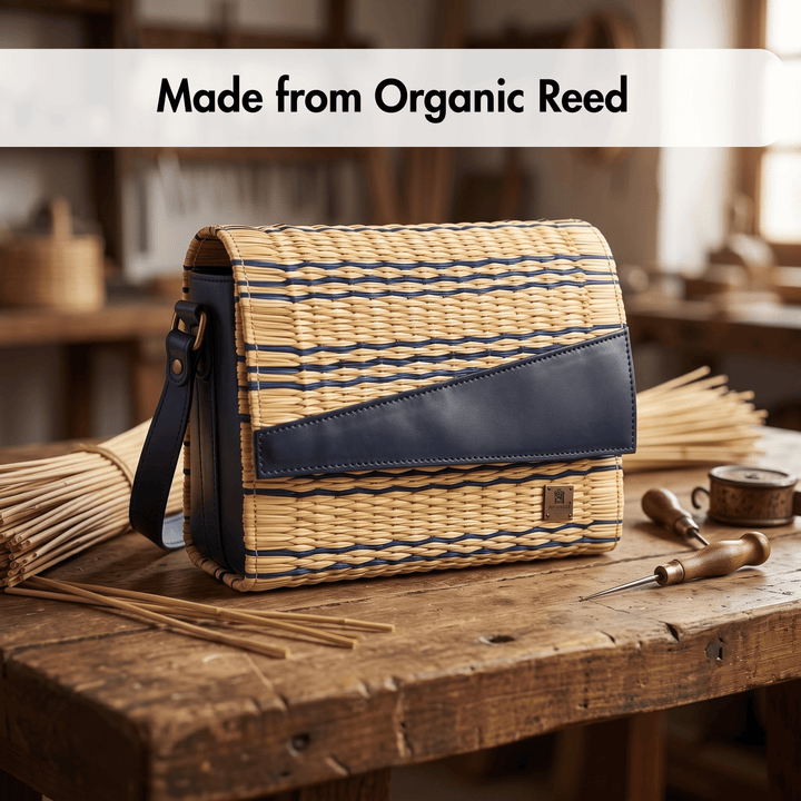 A woven rectangular shoulder bag made from natural organic reed with a dark navy blue leather accent panel and strap, displayed on a rustic wooden workbench with crafting tools and reed bundles in the background. A text banner at the top reads &