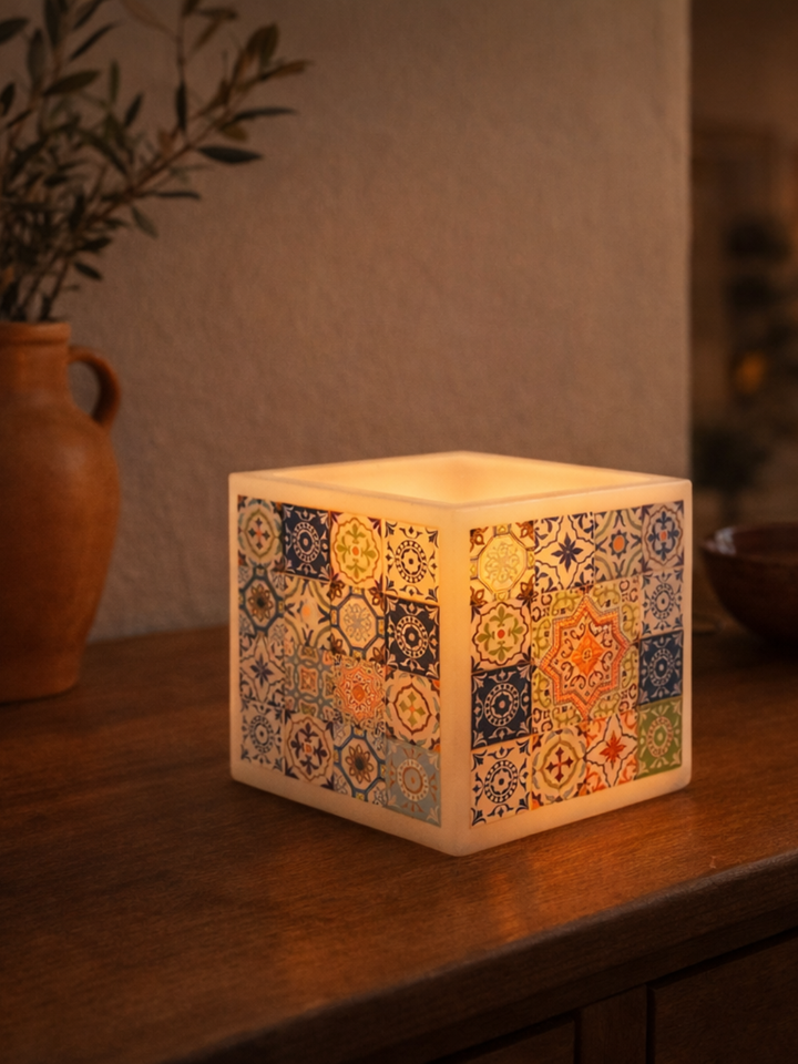 Decorative cube lamp with mosaic pattern on a wooden surface