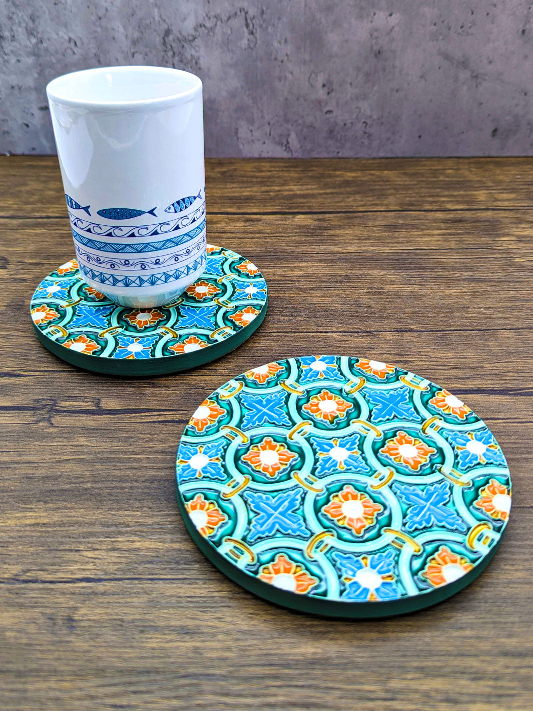 Hand painted Portuguese Ceramic Tile Round Coaster - Set of 2
