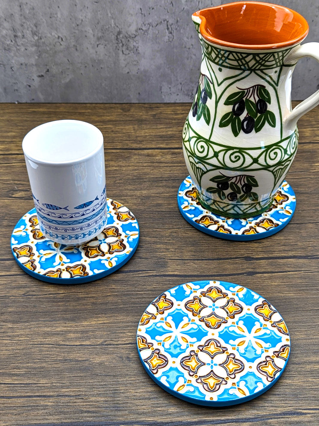 Hand painted Portuguese Ceramic Tile Round Coaster – Set of 3