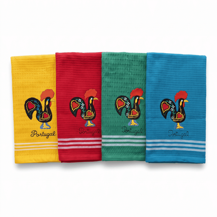 Honeycomb Embroidered Portuguese Rooster Dish Towels Set of 4