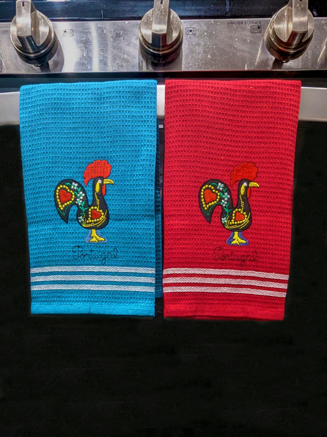 Honeycomb Embroidered Portuguese Rooster Dish Towels Set of 4