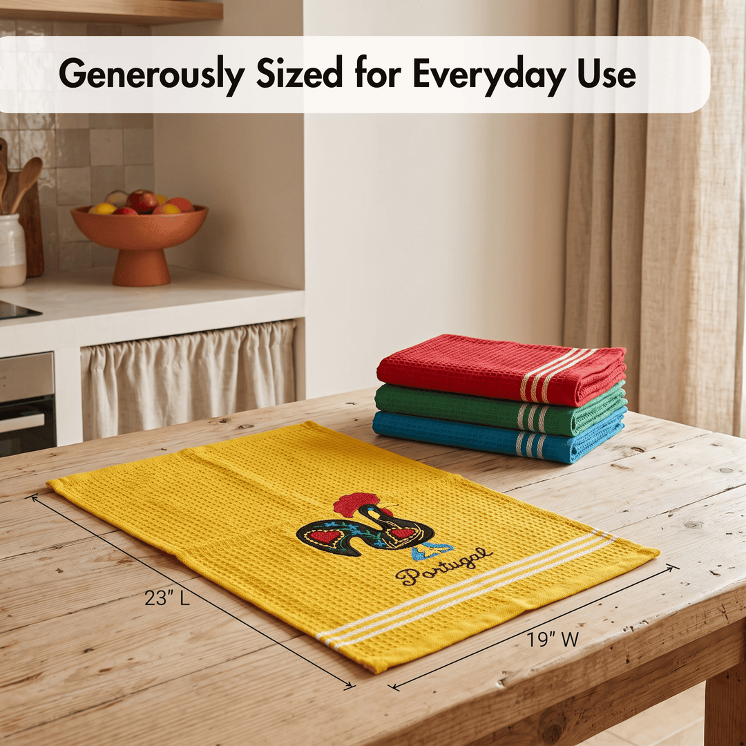 Honeycomb Embroidered Portuguese Rooster Dish Towels Set of 4
